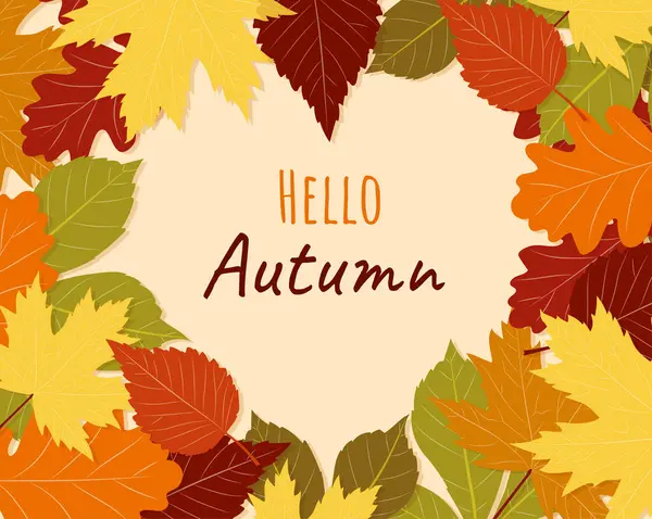 Hello Autumn Postcard Red Green Orange Leaves Place Text Fall — Stock Vector