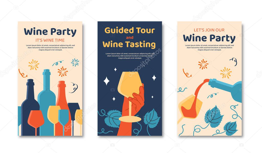 Wine festival posters set. Colorful botles with glasses. Alcohol and beverage, alcoholic drinks. Cover or story for website. Cartoon flat vector collection isolated on white background