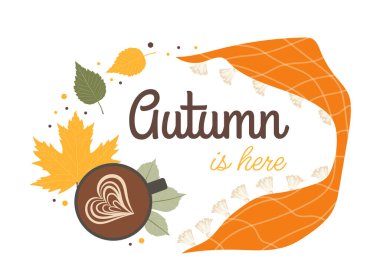 Sonbahar harfleri konsepti. Sonbahar dönemi elementleri. Kaligrafi ve tipografi. Yaprakların yanında bir fincan çay ya da kahve. Sosyal medya kapağı. Çizgi film düz vektör çizimi beyaz arkaplanda izole edildi