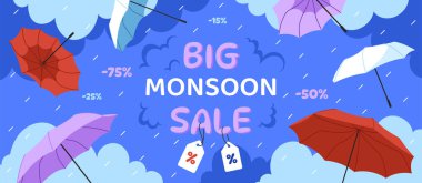 Büyük muson satışı posteri. İndirim ve terfi. Yağmurlu ve su damlalı kırmızı ve menekşe şemsiyeler. İnternet üzerinden elektronik ticaret ve pazarlama. Çizgi film düz vektör çizimi