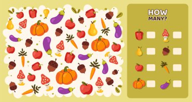 Kaç oyun şablonu. Farklı sebzeler. Havuç, patlıcan, domates. Çocuklar için eğitici materyal. Çocuklar için gelişim sayma yeteneği. Poster ya da afiş. Çizgi film düz vektör çizimi