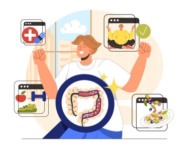 Bağırsak sağlığı konsepti. Sağlık ve tedavi. Hasta, genç bir adam ve yiyecek. Tıbbi bilgiler ve sağlıklı yaşam tarzı ipuçları. Çizgi film düz vektör çizimi beyaz arkaplanda izole edildi