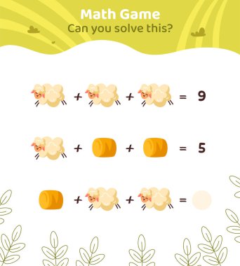 Matematik oyun şablonu. Çiftlik koyunu ve saman yığınları. Deniz ve okyanus. Çocuklar için eğitici malzemeler. Sayma becerileri gelişiyor. Web sitesi için grafik ögesi. Çizgi film düz vektör çizimi