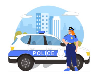 Arabanın yanındaki kadın polis. Siren çalan bir polis memuru. Şerif rozetli genç bir kız. Hükümet muhafızlığı ve gücü. Çizgi film düz vektör çizimi beyaz arkaplanda izole edildi