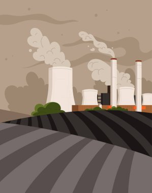 Fabrikalar kirli dünya posteri. Bitkiler yüzünden karbon kirliliği. Endüstriyel fabrikanın pisliği. Web sitesi için grafik ögesi. Çevreye ve doğaya önem ver. Çizgi film düz vektör çizimi
