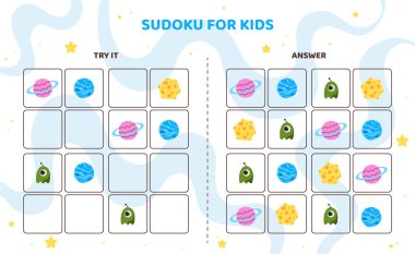 Çocuk şablonu için sudoku. Uzaylı, menekşe ve mavi gezegen, sarı kuyruklu yıldız. Çocuklar için mantıksal becerilerin geliştirilmesi. Anaokulları için eğitim ve eğitim. Çizgi film düz vektör çizimi