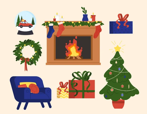 居心地の良い冬の要素がセットされています ギフトボックス ボンファイア クリスマスツリー リース付きのアームチェア クリスタルボール 新年とクリスマスのシンボル ベージュの背景に隔離された漫画フラットベクターコレクション — ストックベクタ