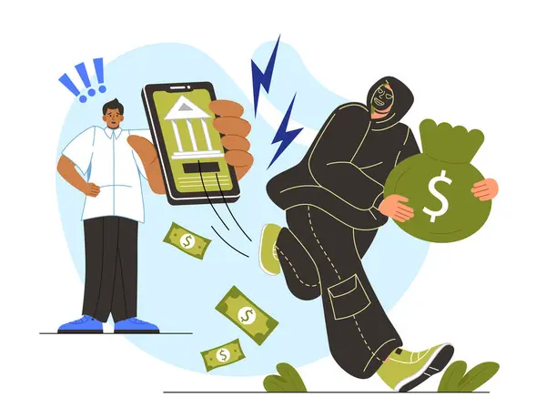 Dijital Para Hırsızlığı Konsepti Cep Telefonu Banka Uygulaması Olan Genç — Stok Vektör