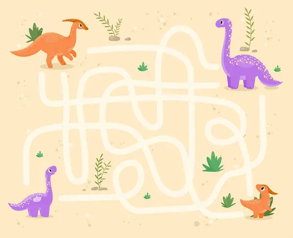 Dinosaurs Maze Game Concept Colorful Dino Lines Educational Materials Kids — Stock Vector