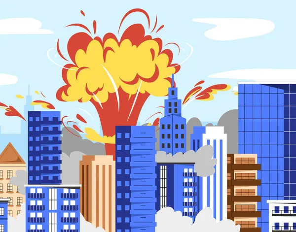 Esplosione Nel Concetto Città Lancio Bombe Nel Moderno Paesaggio Urbano — Vettoriale Stock
