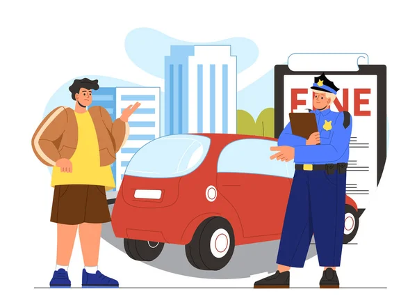 コンセプトを運転するための罰金 赤い車の近くに警察官と悪い運転手 若者への交通ルール違反の罰金 白い背景に隔離された漫画の平らなベクターのイラスト — ストックベクタ