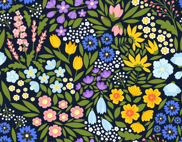 小花无缝图案 重复在织物上印刷的设计元素 蓝色和紫色的植物 春佳节 盛开花束 卡通平面矢量插图 — 图库矢量图片