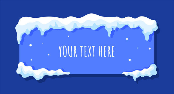 Snow cap with text concept. Ice rectangular with letters and snow. Christmas and New Year. Advertising and marketing. Winter sales. Cartoon flat vector illustration isolated on blue background