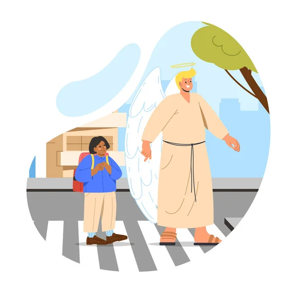 Angel Protection Scene Life Keeper Wings Boy Pedestrian Crossroad Man — Stock Vector
