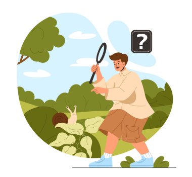 Çocuk doğa kavramını keşfediyor. Büyüteç camlı çocuk salyangoza bak. Büyüteçle birlikte doğa bilimci. Bitki örtüsü ve hayvanlarla ilgili biyolojik araştırmalar. Çizgi film düz vektör çizimi