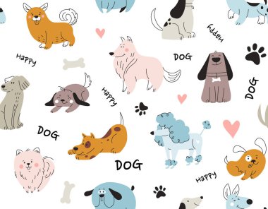 Karalama köpeği kusursuz desen. Kumaş üzerine baskı yapmak için tasarım ögesi tekrarlanıyor. Ayak izlerinin yanında sevimli köpek yavruları. Evcil hayvanlar ve yazıtları olan evcil hayvanlar. Çizgi film düz vektör çizimi
