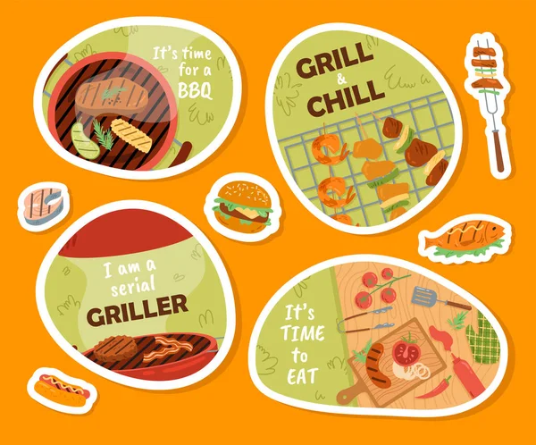 Barbecue Stickers Set Bbq Grilled Meat Picnic Outdoor Spring Back — Stock Vector