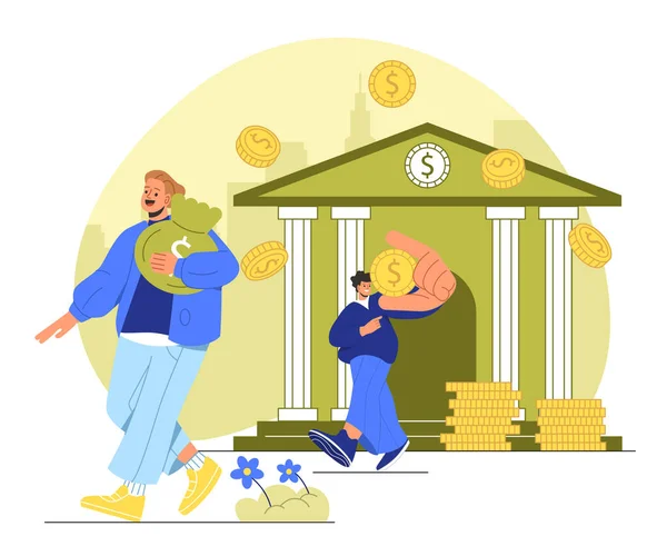 Taking Money Bank Concept Man Woman Bags Cash Golden Cins — Stock Vector