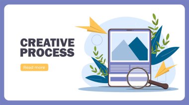 Yaratıcı süreç posteri. Büyüteç yakınındaki resim. Creating makaleleri ve ilginç içerik. İniş web sayfası tasarımı. Mor arkaplanda izole edilmiş çizgi film düz vektör çizimi