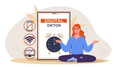 Dijital detoks hastası bir kadın. Lotus pozisyonunda oturan genç bir kız. İyi alışkanlıkları olan sağlıklı bir yaşam tarzı. Sosyal ağlardan ve gece habercilerinden uzak dur. Çizgi film düz vektör çizimi