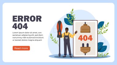 Hata 404 posteri. Tornavidalı bir tamirci. Kırık bağlantılar ve şifreli problemler. Site tasarımı için web sayfası. Çizgi film düz vektör çizimi beyaz arkaplanda izole edildi