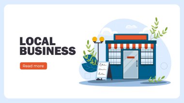 Yerel iş ilanı. Küçük bir dükkan ya da market. Şehir altyapısı ve mimarisi. Perakende satış, pazarlama, ticaret. İniş web sayfası tasarımı. Çizgi film düz vektör çizimi