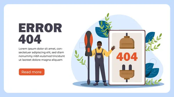 Ошибка 404 Плакат Технический Работник Отверткой Сломанные Ссылки Проблемы Коде — стоковый вектор