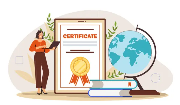 Online Certification Concept Woman Certificate Document Quality Control Distant Education — Stock Vector