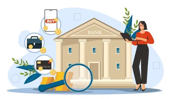 Концепція Фінансових Послуг Жінка Біля Банківської Будівлі Збільшуючим Склом Золотими Векторна Графіка