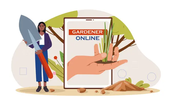 Tuinman Online Concept Vrouw Met Schep Planten Tuinieren Tuinbouw Landbouw Stockillustratie