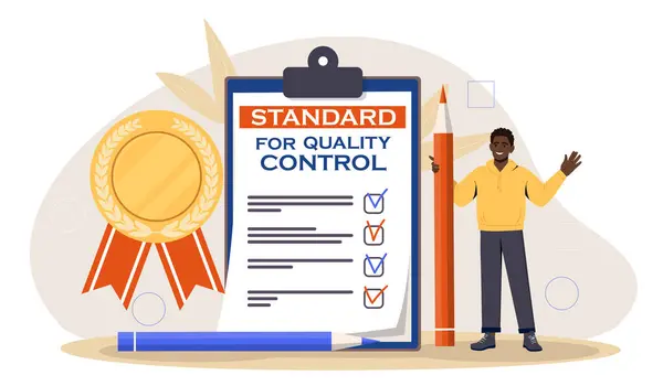 Standard Quality Control Man Pencil Checklist Golden Medal Assesment Goods — Stock Vector
