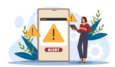 Uyarı işaretleri gösteren dev bir akıllı telefonun yanında dizüstü bilgisayarı olan bir kadın, arka planda vektör çizimi, siber güvenlik kavramı.