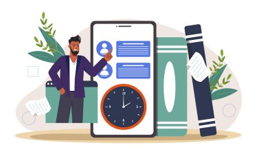 Mobil arayüz elemanları ve ofis gereçleri hafif arka plan, vektör illüstrasyon organizasyon konseptine sahip bir adam.