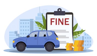 A blue car next to a large fine notice and stacks of coins, modern vector illustration on a cityscape background, concept of traffic fines. clipart