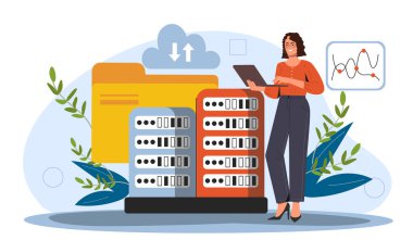 Sunucu raflarının ve bulut sembollerinin yanında dizüstü bilgisayarı olan bir kadın, vektör illüstrasyonu, açık mavi arkaplan, bulut hesaplama kavramı