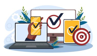Multi-device targeting concept. Various digital devices displaying checkmarks, suggesting task completion or goal achievement. Flat modern vector illustration clipart