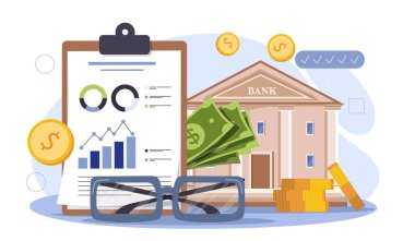 Finansal analiz. Evin yakınında grafikler ve diyagramlar olan vergi raporları. Finansal okuryazarlık, bütçe ve muhasebe. Pasif gelir, yatırım ve ticaret. Çizgi film düz vektör çizimi