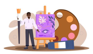 Sanat stüdyosu fikri. Fırçalı adam boya ve tuvalin yanında duruyor. Sanatçılar ve ressamlar için bir atölye. Yaratıcılık ve sanat objeleri. Çizgi film düz vektör çizimi beyaz arkaplanda izole edildi