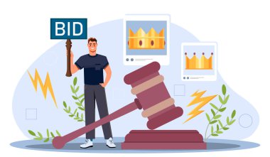 Müzayededeki adam. Genç adam teklifte bulunuyor. Ticaret, finansal anlaşmalar ve anlaşmalar. NFT ticareti, kripto para değişimi. Çizgi film düz vektör çizimi beyaz arkaplanda izole edildi