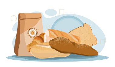 Fırın ürünleri konsepti. Un torbasının yanında ekmek ve ekmek. Ev yapımı hamur işi, fırın ve yemek. Ekmek ve ekmek pişirmek. Çizgi film düz vektör çizimi beyaz arkaplanda izole edildi