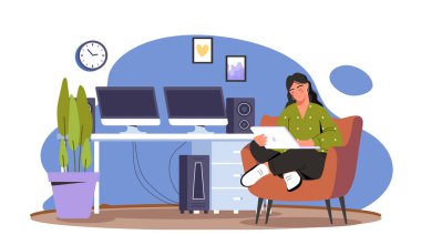 Kadın evde çalışıyor. Serbest çalışan ve uzaktan çalışan biri internetten para kazanıyor. Dijital ve uzaktan çalışan. Rahat bir iş yeri. Çizgi film düz vektör çizimi beyaz arkaplanda izole edildi