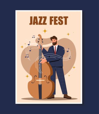 Caz müzik festivali posteri. Takım elbiseli adam bas gitar çalıyor. Müzik aleti olan genç bir adam. Konser ve gösteri, performans. Kültürel eğlence ve etkinlik. Çizgi film düz vektör çizimi