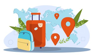 Turizm kavramı. Haritanın arka planında coğrafi konumlandırmalı bavullar. Tropik ülkelerde tatil ve tatil. Turistler için rota. Çizgi film düz vektör çizimi beyaz arkaplanda izole edildi