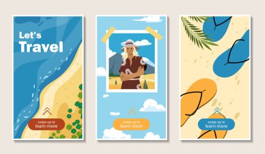 Seyahat posterleri hazır. Parmak arası terlikleri olan deniz kıyısı manzaralı. Şapkalı kadın turist. Tropik ülkelerde tatil ve tatil. Çizgi film düz vektör koleksiyonu bej arkaplanda izole edildi