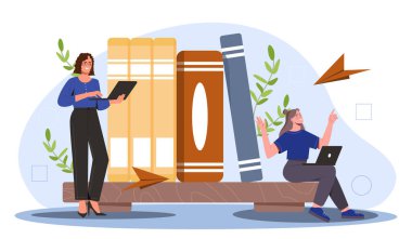 Elektronik kitapları olan insanlar. Dizüstü bilgisayarlı kadınlar ders kitaplarının yanında otururlar. İnternet 'te eğitim, öğrenme ve eğitim. Dijital kütüphane. Çizgi film düz vektör çizimi beyaz arkaplanda izole edildi