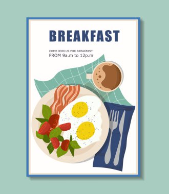 Kahvaltılı poster. En üst tabakta yumurta ve pastırma, bardağın yanında sıcak içecek. Et ve sebzelerle sağlıklı beslenme. Düz vektör çizimi mavi arkaplanda izole edildi