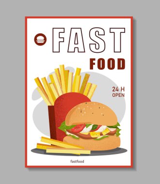 Fast food poster. Hamburger and french fries. Tasty meal and dinner. Street food cafe menu. Takeaway eating. Advertising and marketing. Flat vector illustration isolated on grey background