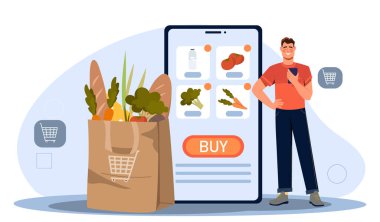 İnternetten alışveriş yapıyorum. Akıllı telefonun yanındaki adam evden sebze ve meyve siparişi veriyor. Nakit para transferleri ve işlemler. Eve teslimat ve nakliyat. Düz vektör illüstrasyonu