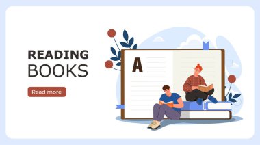 Öğrenciler kitap posteri okuyor. Erkek ve kadın büyük ders kitaplarının yanında oturuyorlar. Eğitim ve eğitim. Edebiyat ve okuma aşkı. İniş web sayfası tasarımı. Düz vektör illüstrasyonu