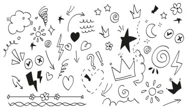 El çizimi semboller ayarlandı. Yıldız, kalp, taç ve koyun silueti. Çizim, karalama ve karalama. Minimalist yaratıcılık ve sanat. Beyaz arkaplanda izole edilmiş doğrusal vektör koleksiyonu